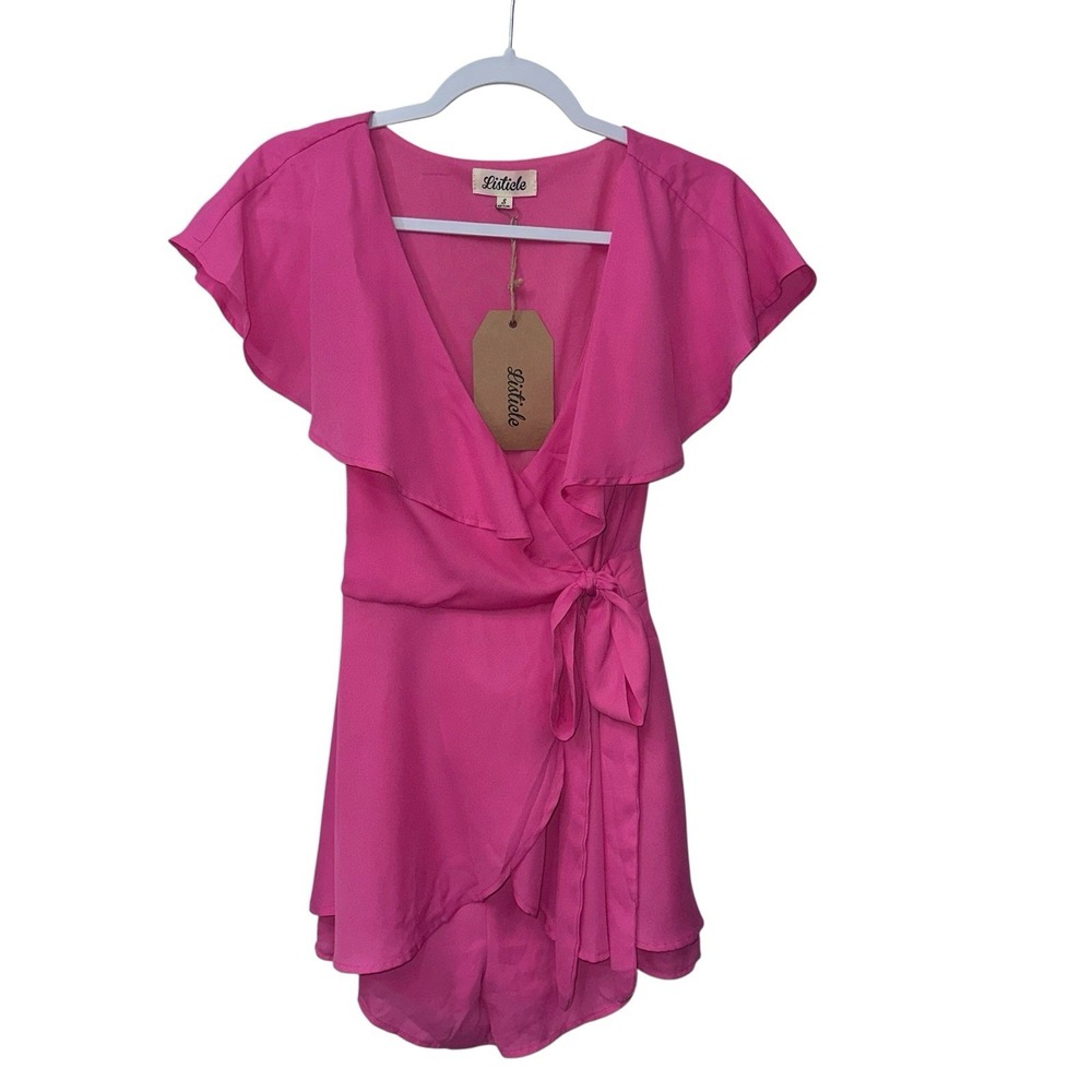 Listicle Womens‎ Romper Dress Sz Small Barbie Pink Chiffon Flirty Caplet Flutter